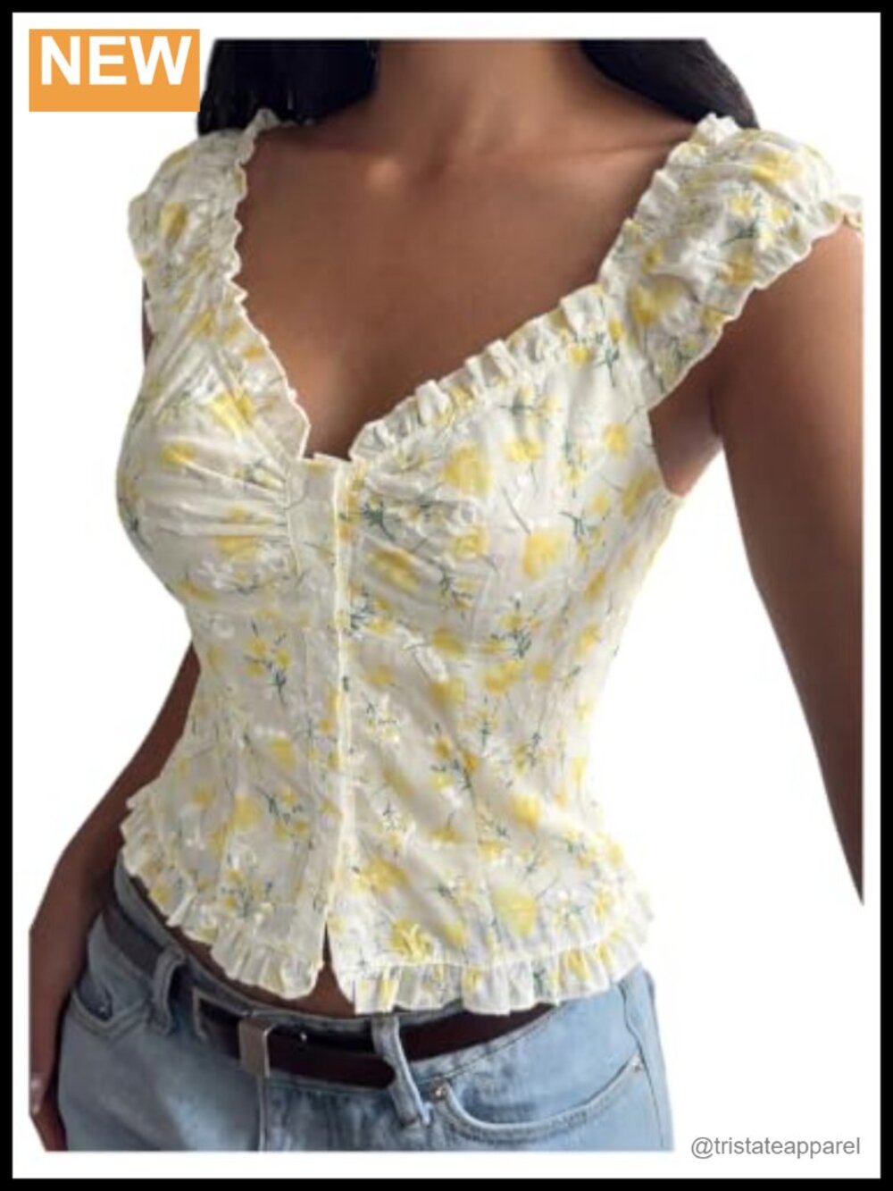 Women's Floral Crop Blouse Button Up Boho Summer Shirt Frill Trim Cap Sleeve
